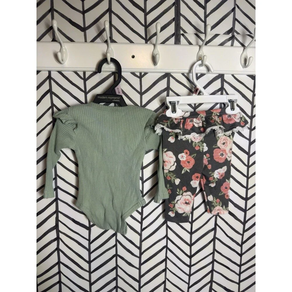 Little Chickadees Green Pink Floral Long Sleeve & Ruffle Pants Baby Girl 0-3M